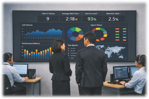 Japanese call center managers viewing large wall dashboard